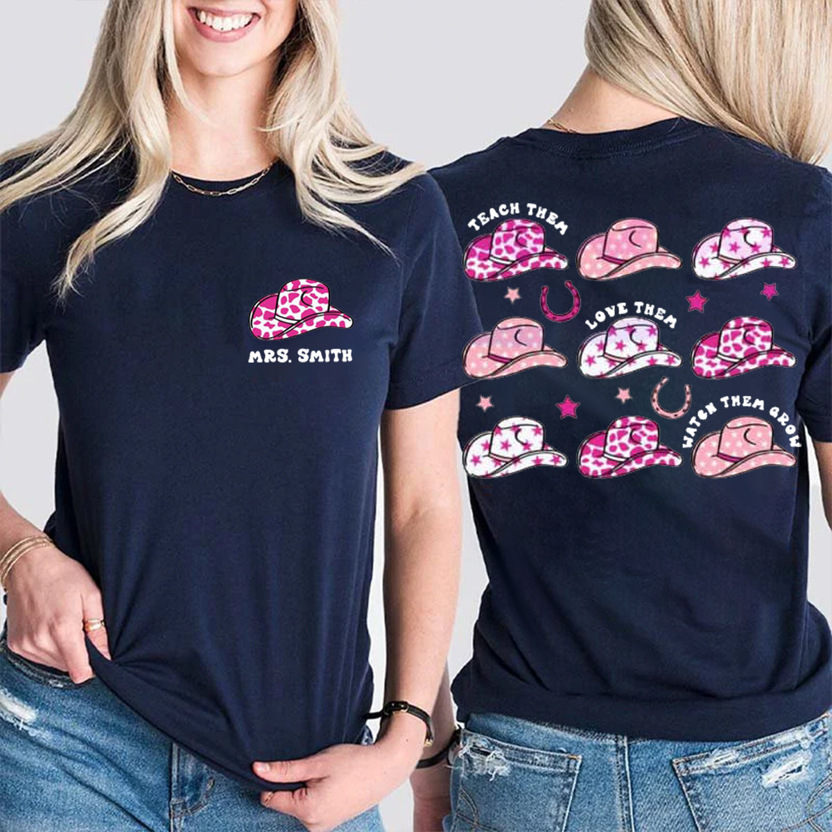 Personalized Name Pink Cowgirl Hat Double Printed T-shirt