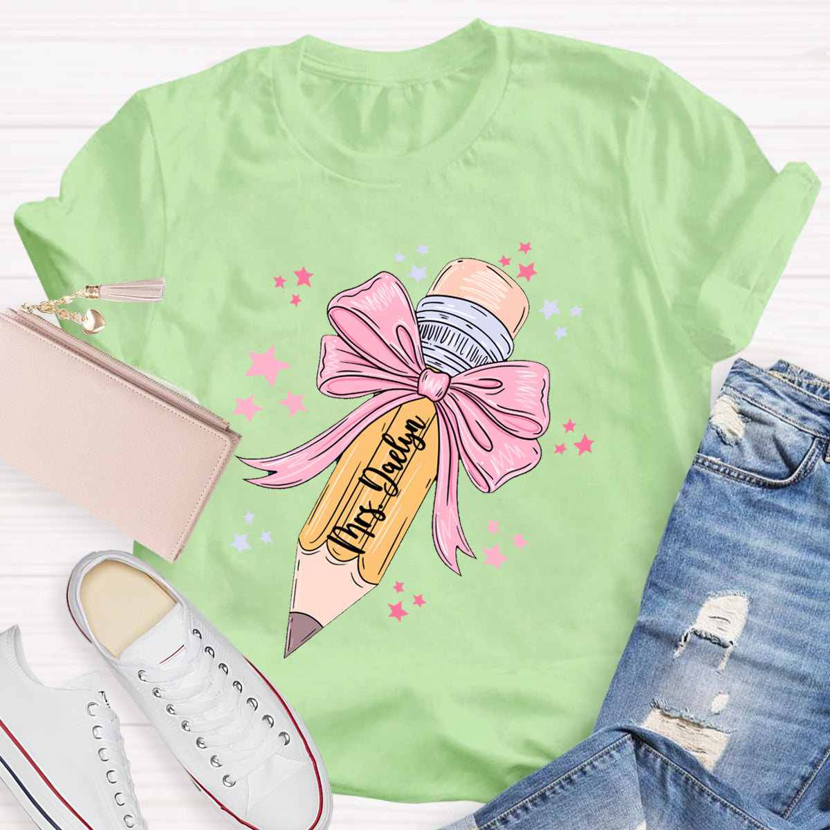 Personalized Name Pink Pencil Teacher T-Shirt