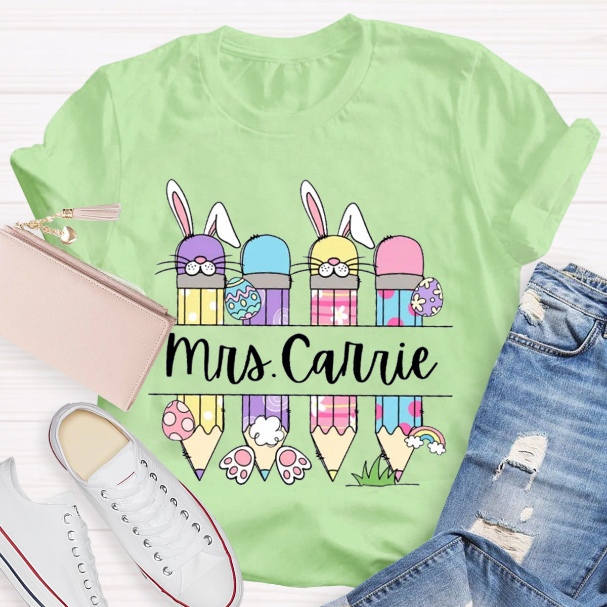 Personalized Name Bunny Teacher T-Shirt