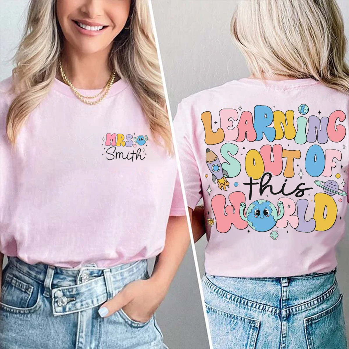 Personalized Name Learning Is Out Of This World Double Printed T-shirt