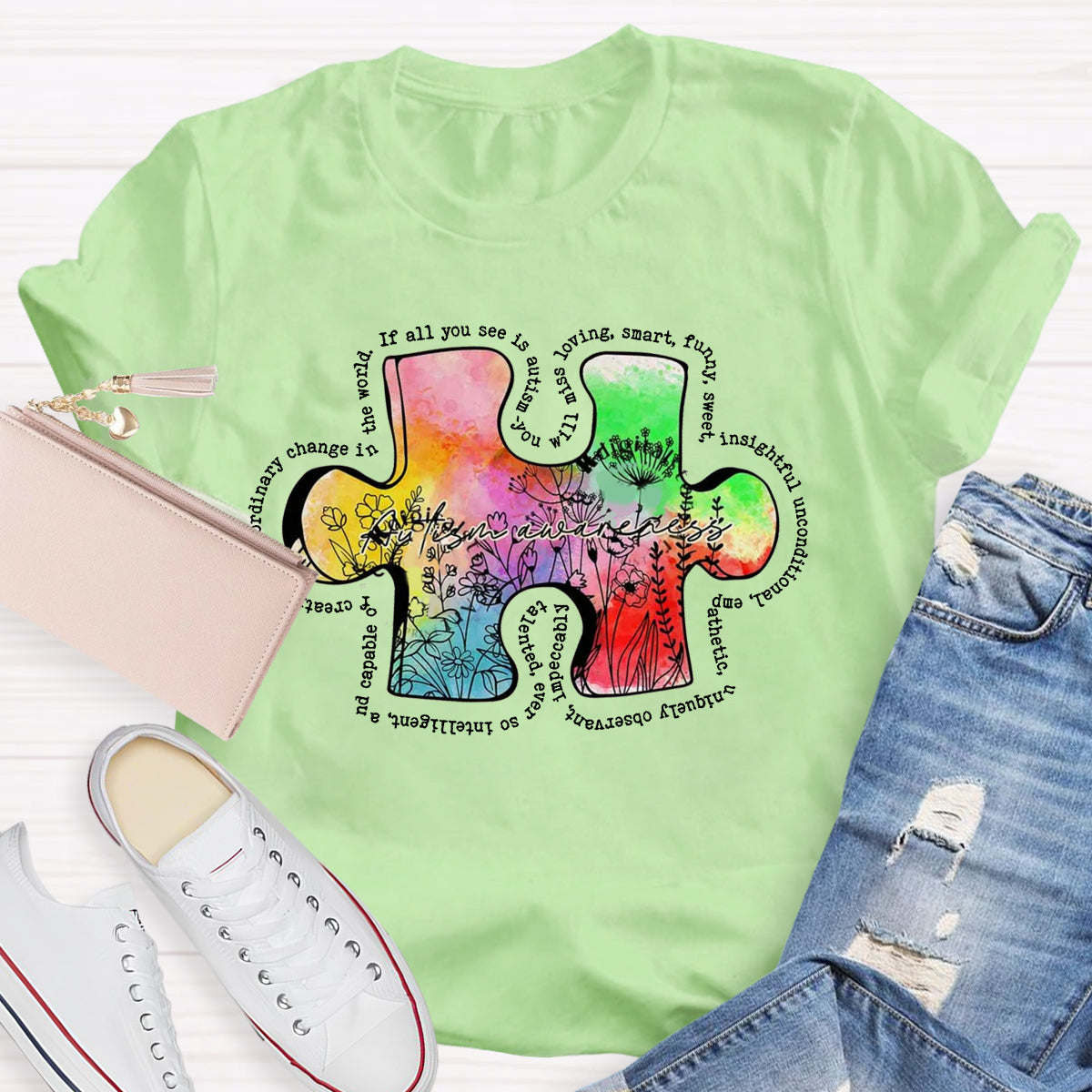 Retro Wildflower Colorful Autism Puzzle Design T-Shirt