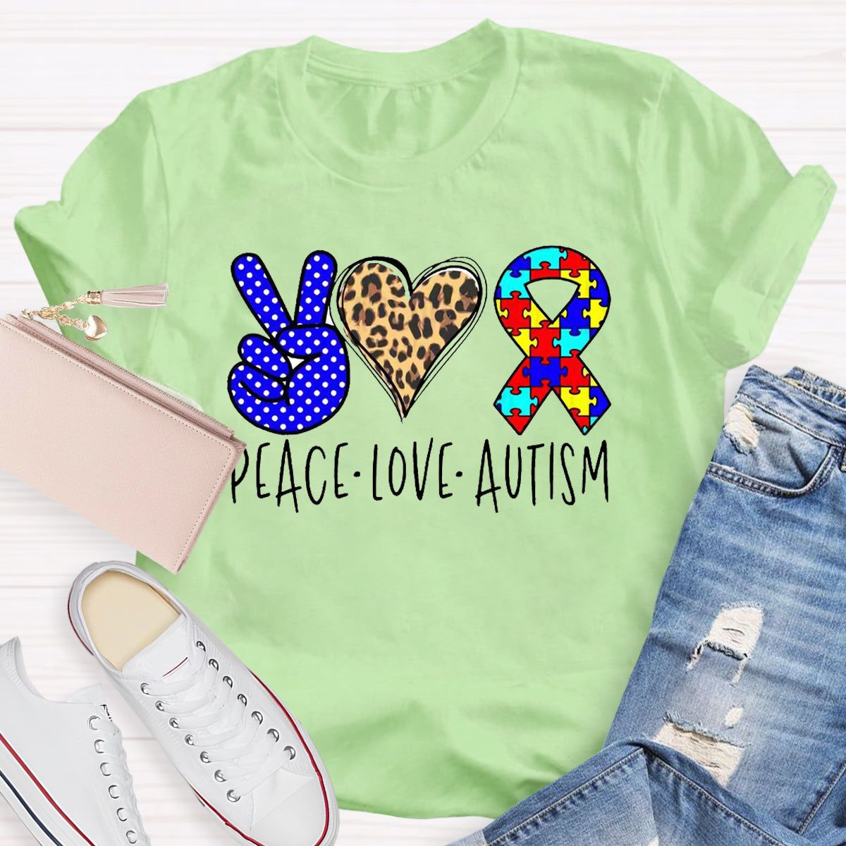 Peace love Autism Leopard Heart T-Shirt