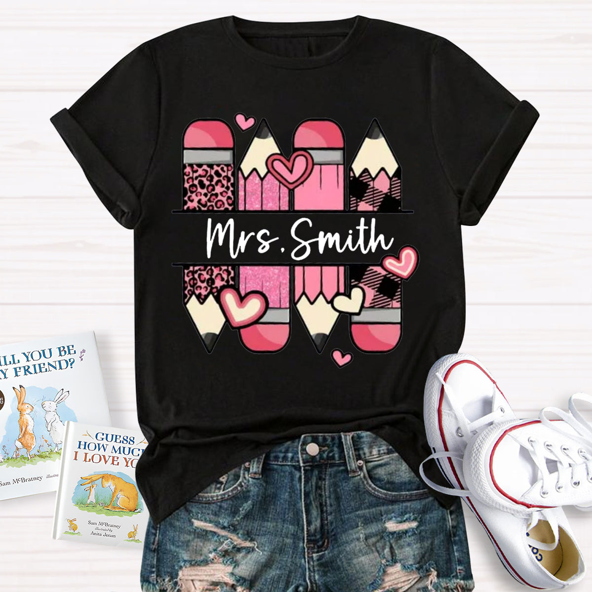 Personalized Name Pink Pencil Heart  Mrs Smith T-Shirt