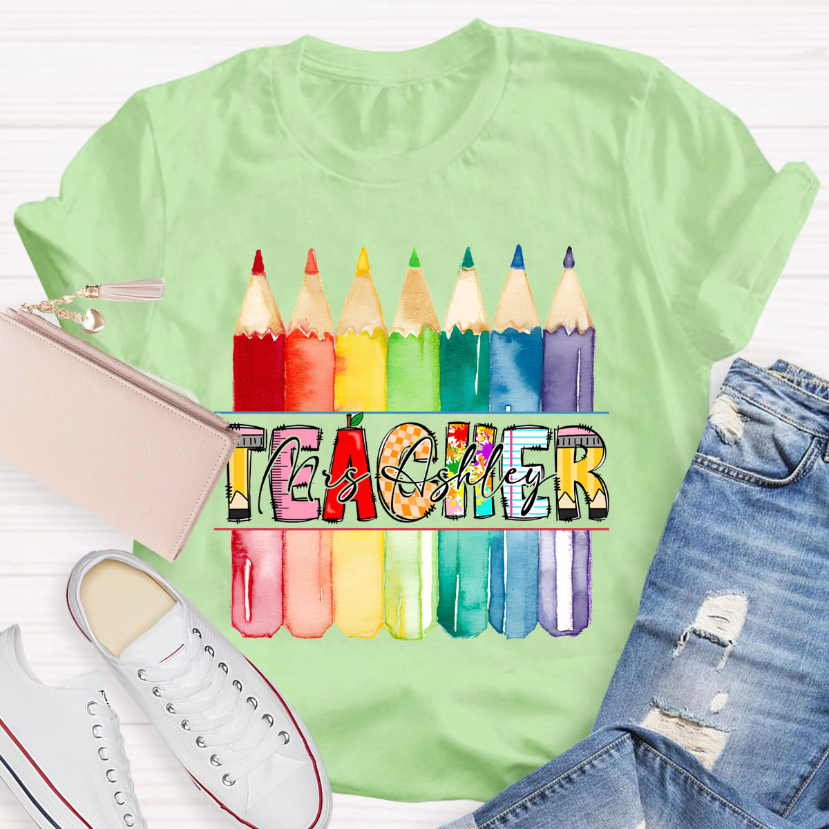 Personalized Teacher's Name Colorful Pencil T-Shirt