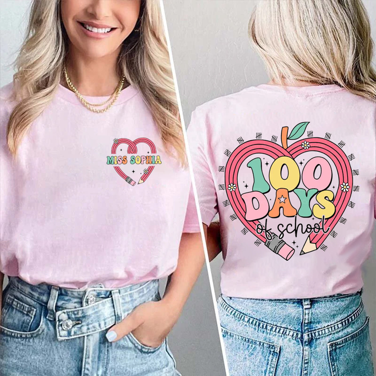 Personalized Name 100 Days Of School Pencil Heart Double Printed T-shirt