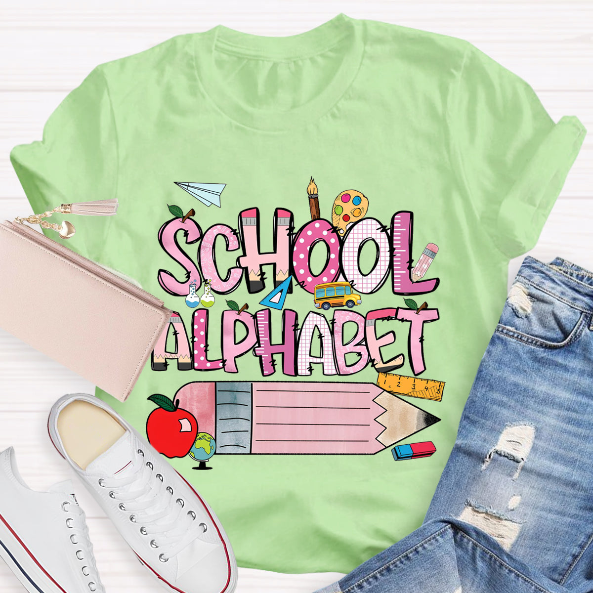 School Alphabet Pink Pencil Teacher T-Shirt