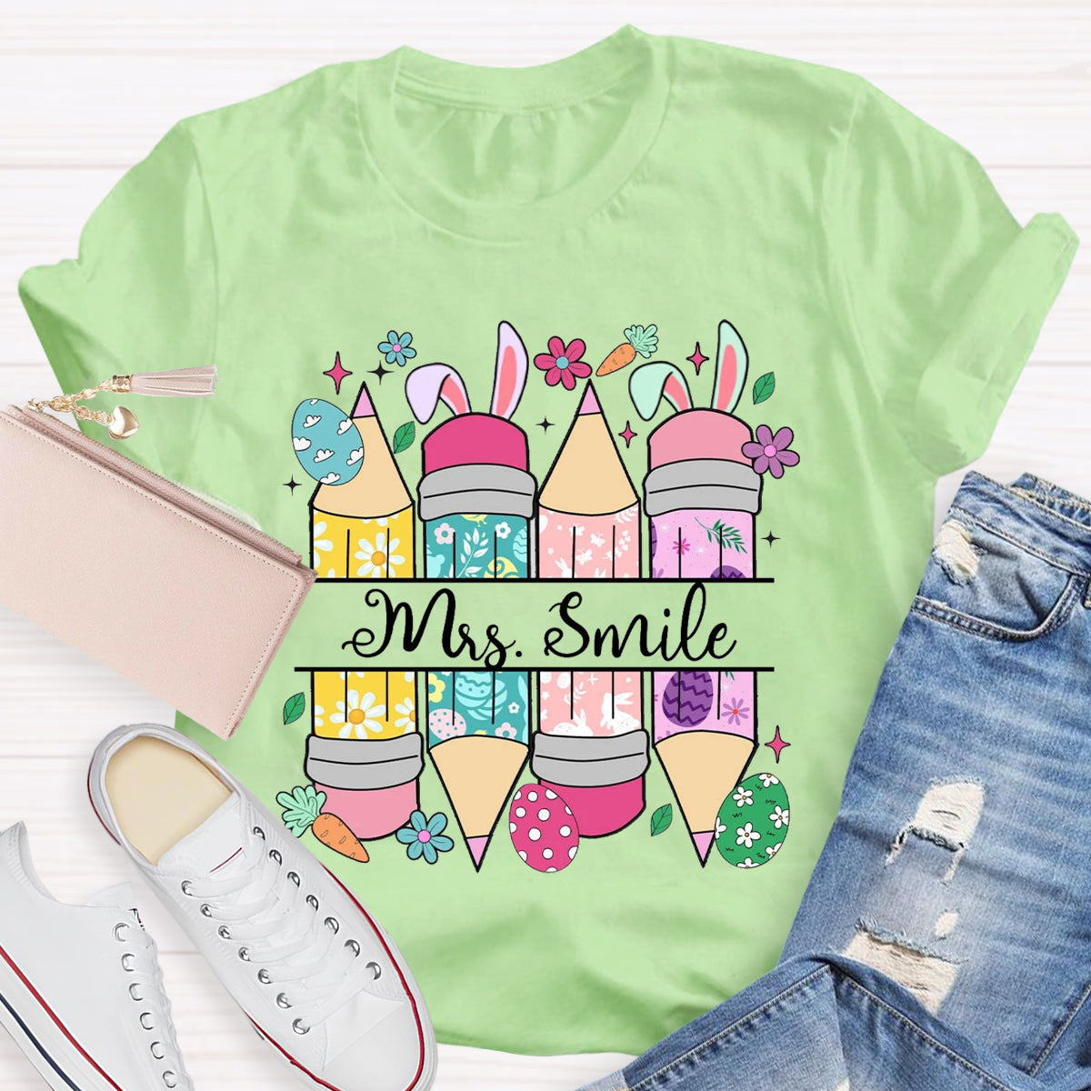 Personalized Name Easter Bunny Pencil Teacher T-Shirt