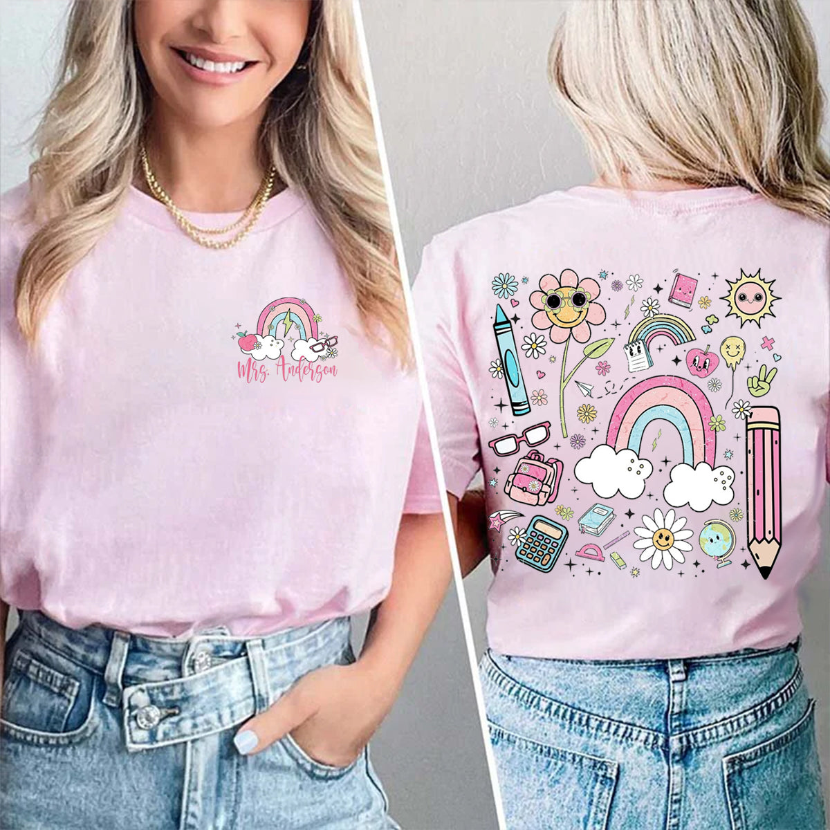 Personalized Name Pink Rainbow Pencil  Double Printed T-shirt