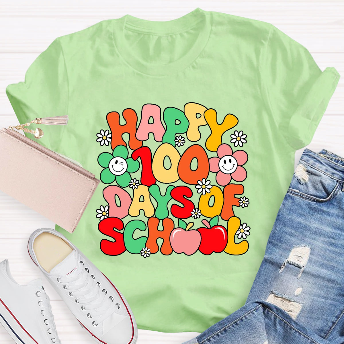 Happy 100 Days Of School Flower Apple T-Shirt