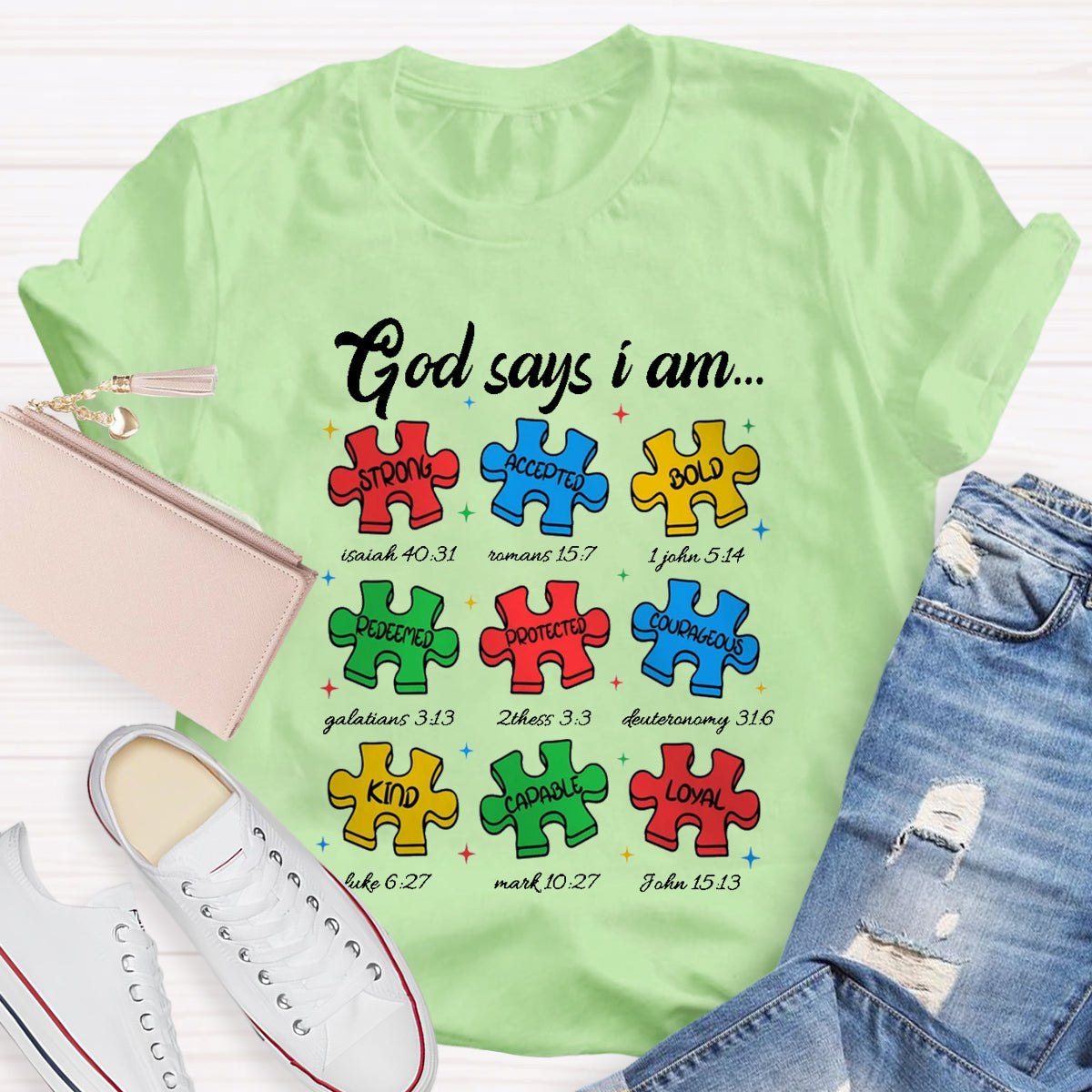 God Says I am Strong Puzzle Pieces Autism T-Shirt