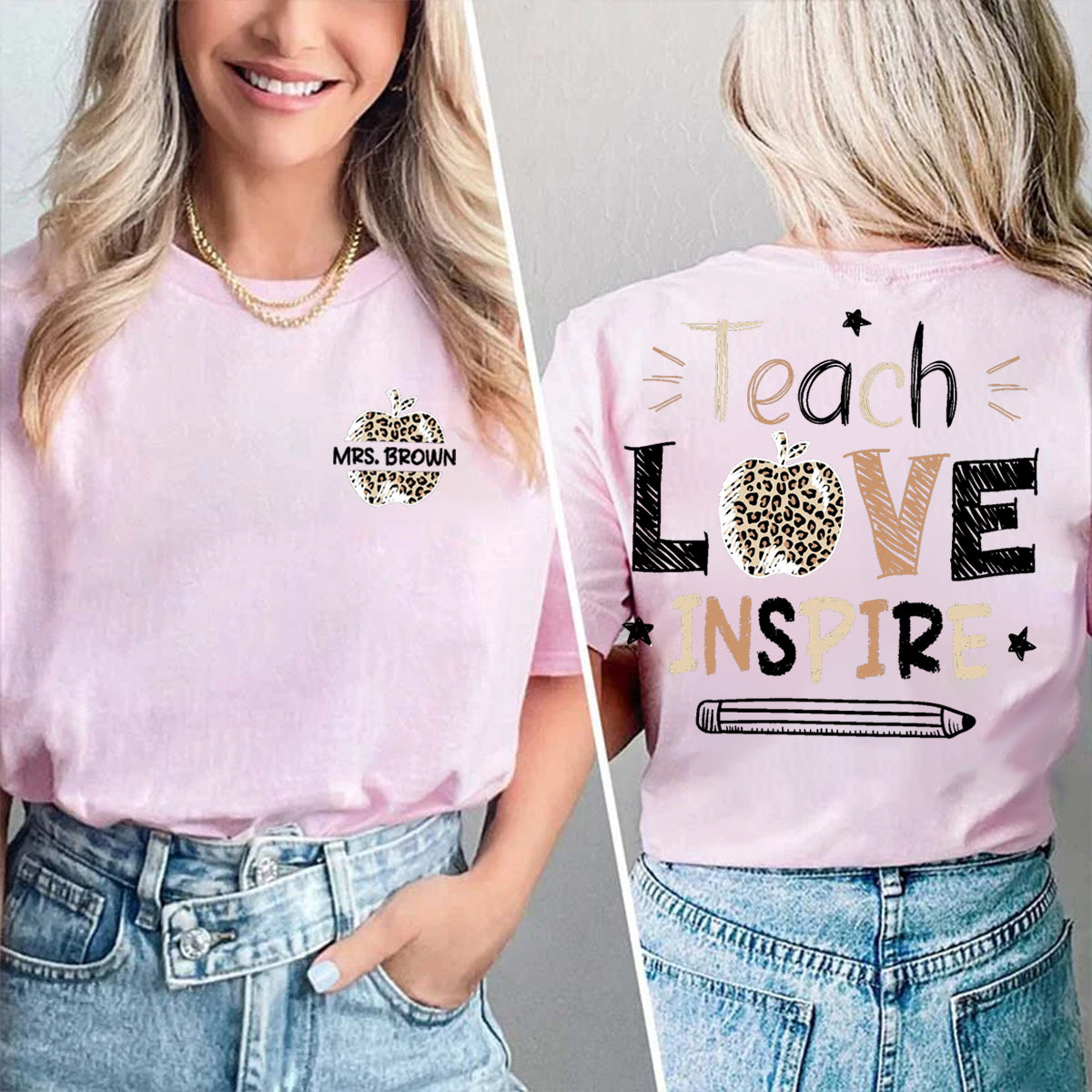 Personalized Name Teach Love Inspire Leopard Apple  Double Printed T-shirt