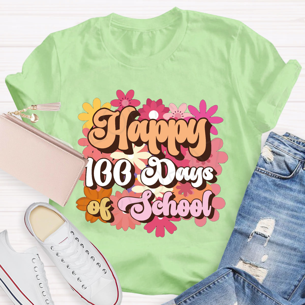 Happy 100 Days Of School Floral Printed T-Shirt