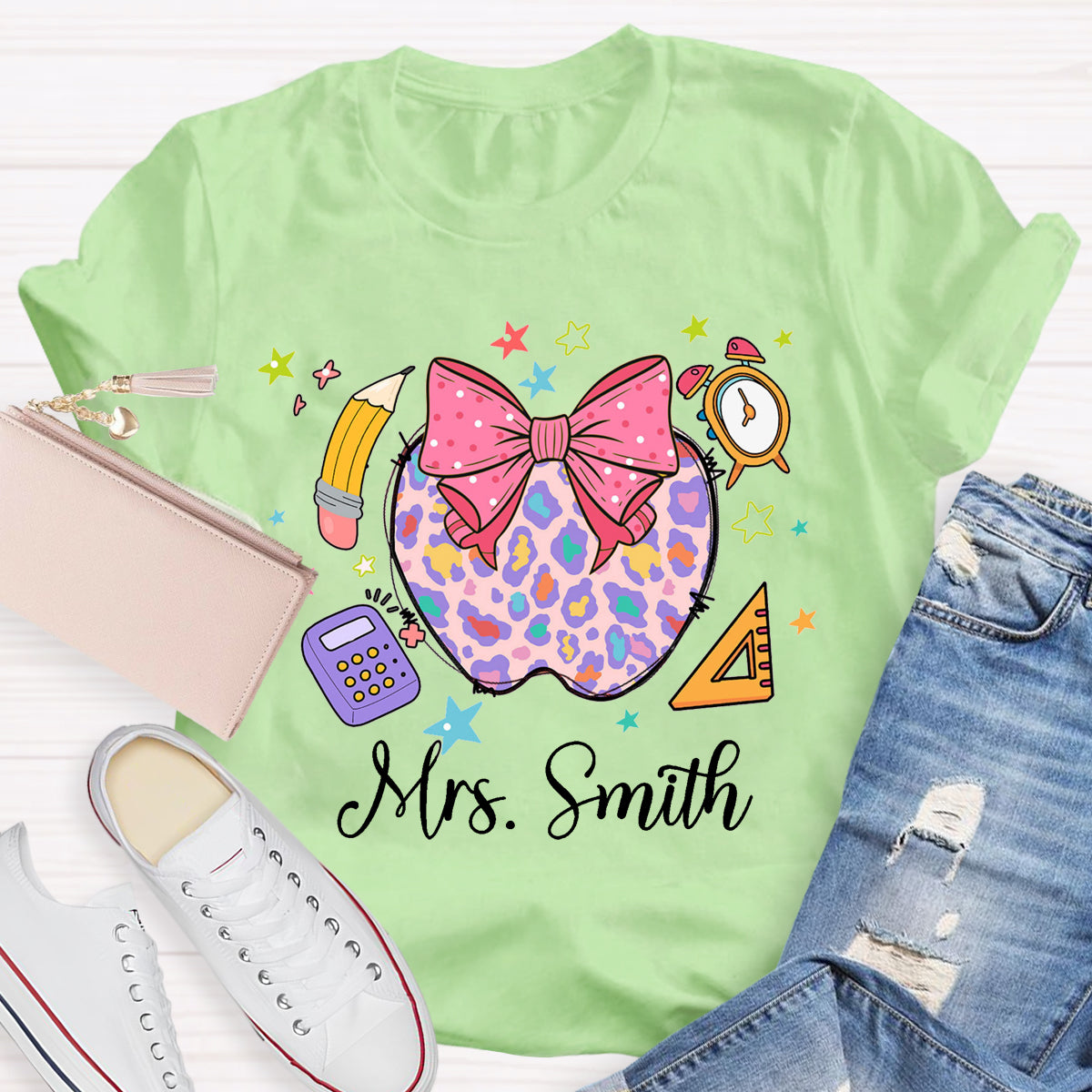 Personalized Name Leopard Apple Teacher T-Shirt