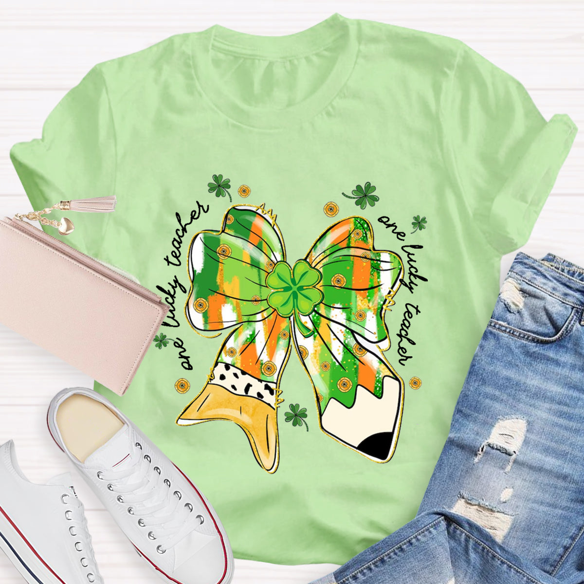 One Lucky Teacher Green Bow T-Shirt