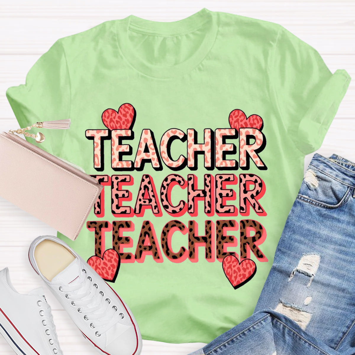 Pink Heart Valentine's Day Teacher T-Shirt