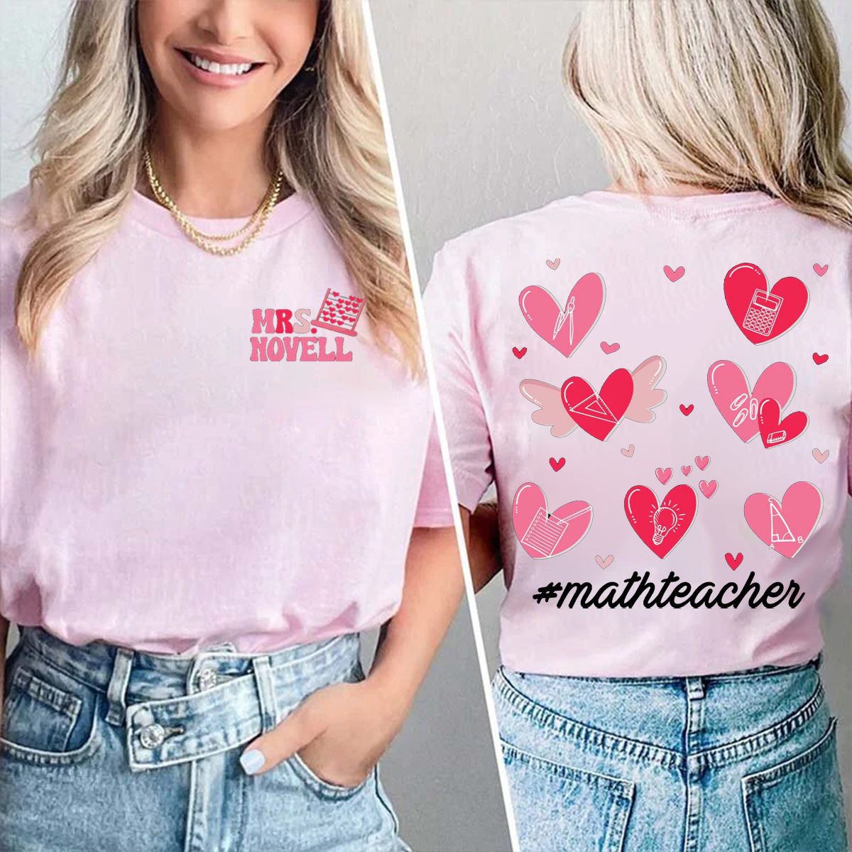 Personalized Name And Subject Pink Heart Double Printed T-shirt