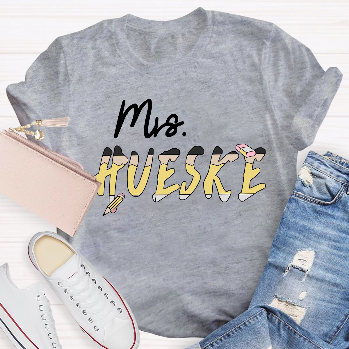 Personalized Teachers Name Pencil And Eraser Printed Teacher T-Shirt