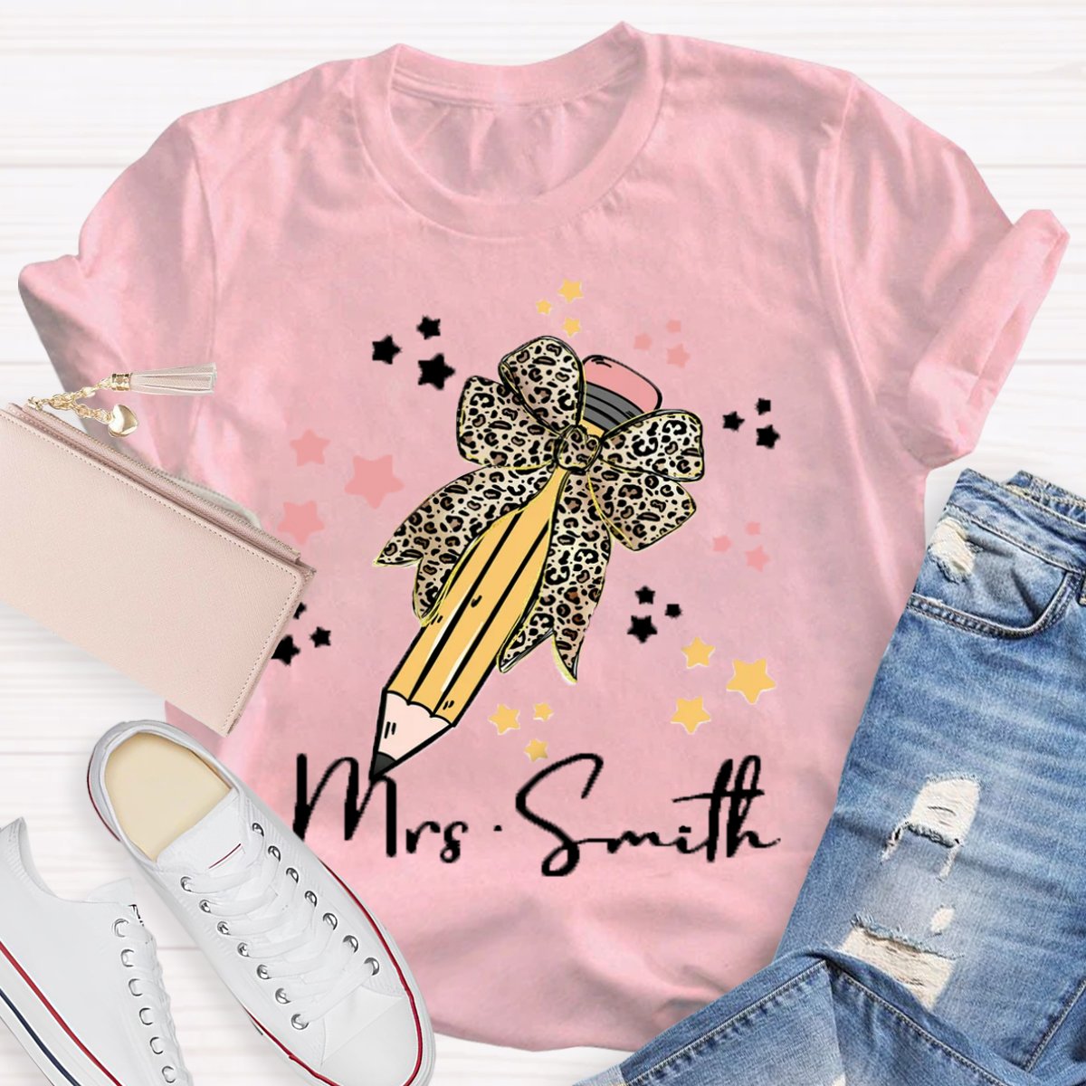 Personalized Name Leopard Bow Teacher Shirt