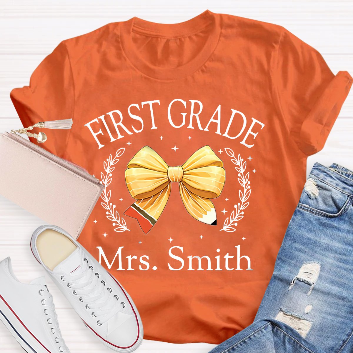 Personalized Grade And Name Yellow Bow T-Shirt