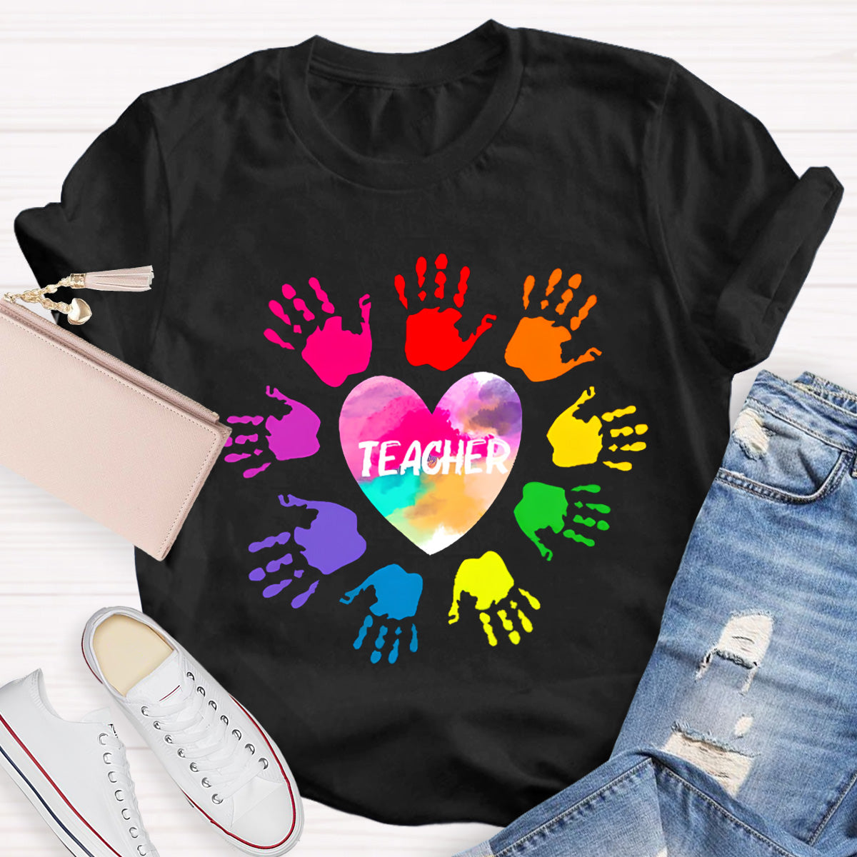 Personalized Colorful Hands Teacher T-Shirt