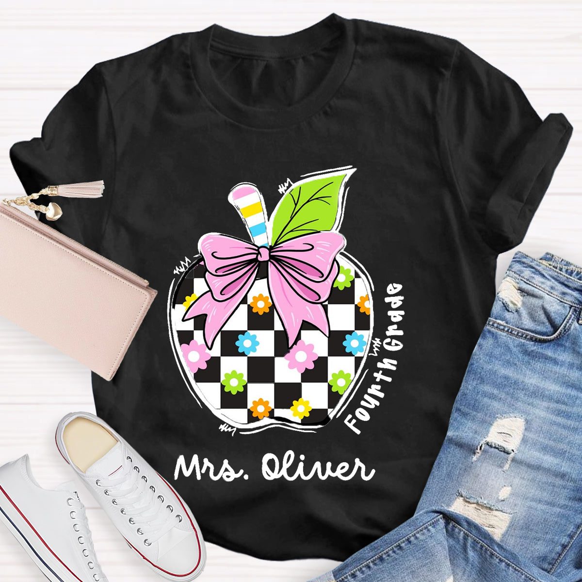 Personalized Grade And Name Colourful Check Print Apple T-Shirt