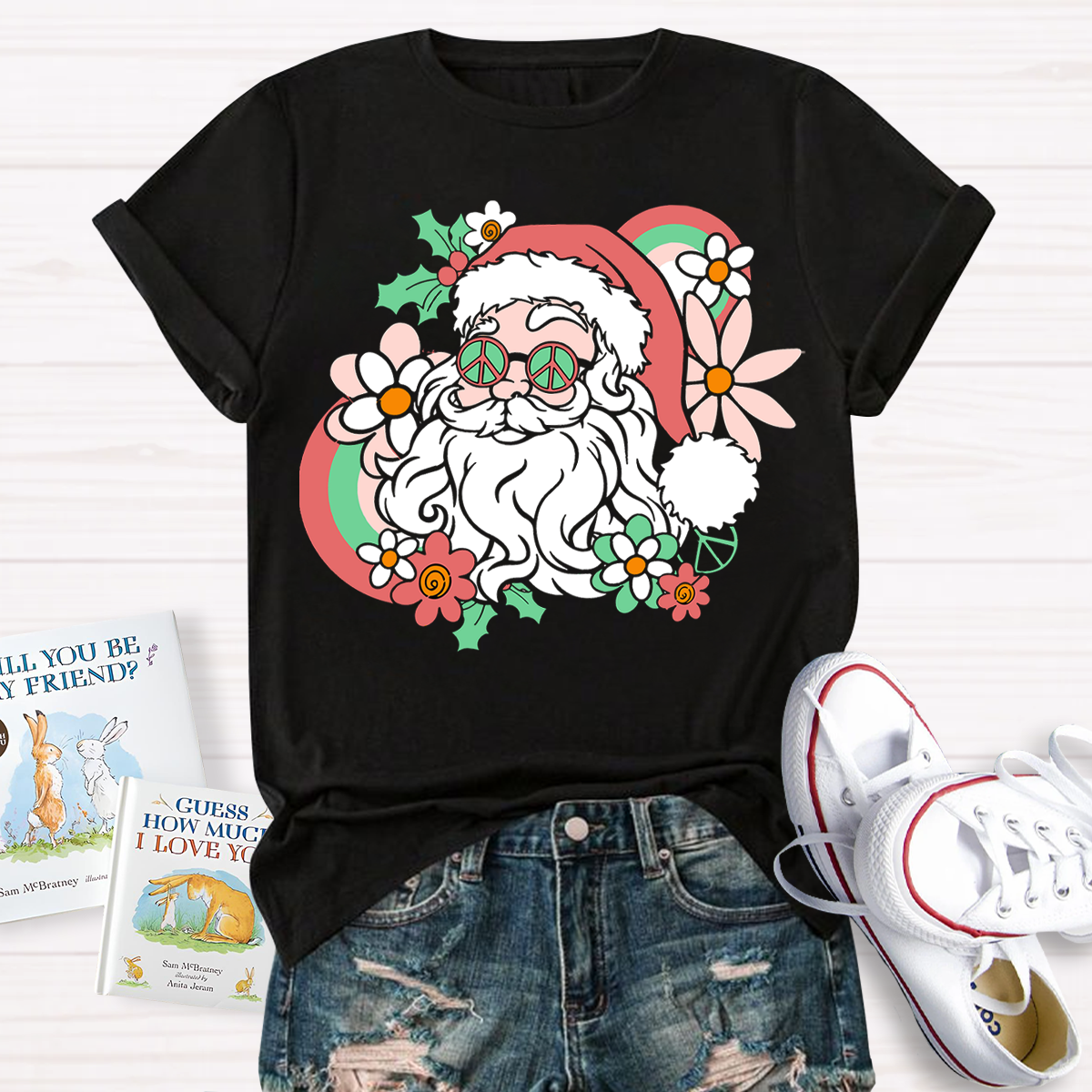 Hippie Santa Groovy Peace Christmas Teacher T-Shirt