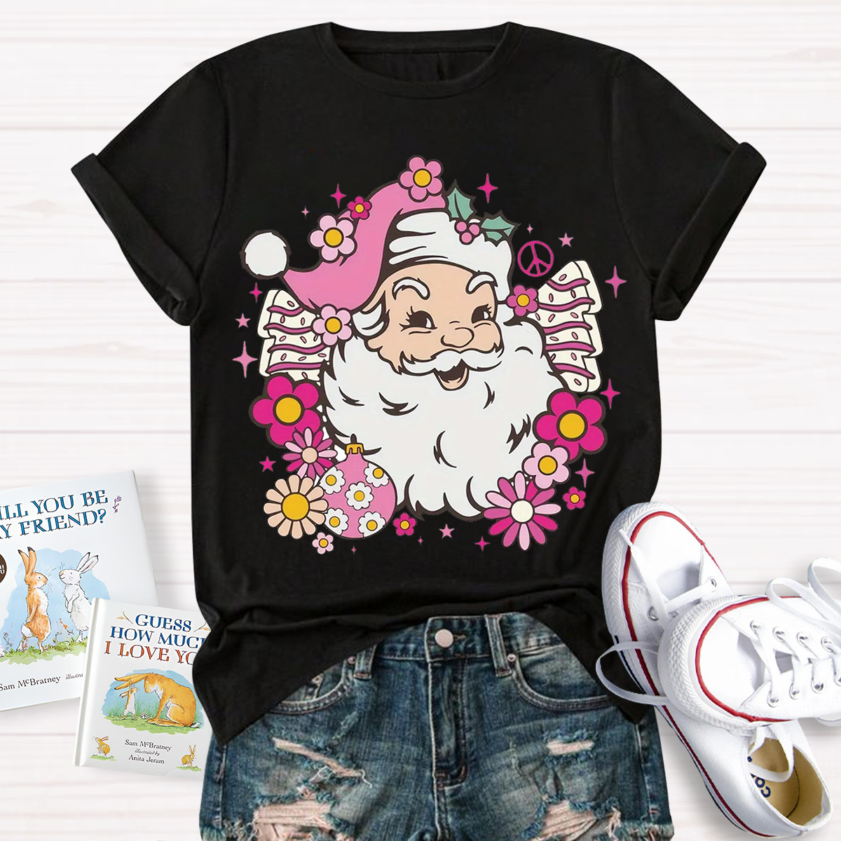 Hippie Santa Groovy Peace Christmas Teacher T-Shirt