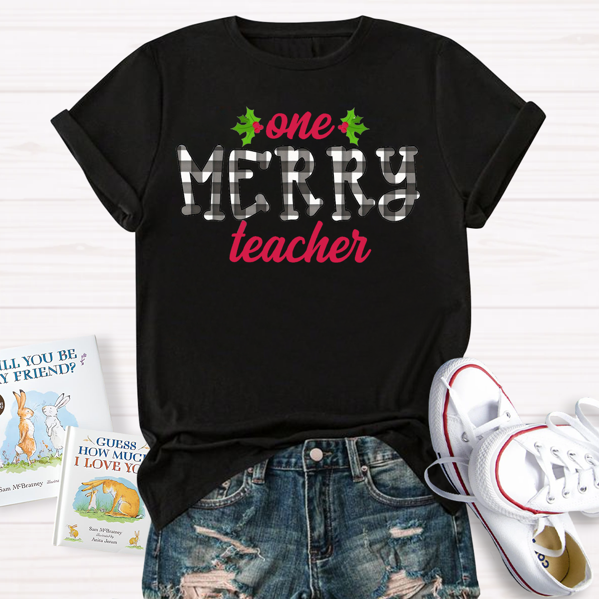 One Merry Teacher Christmas Plaid T-Shirt