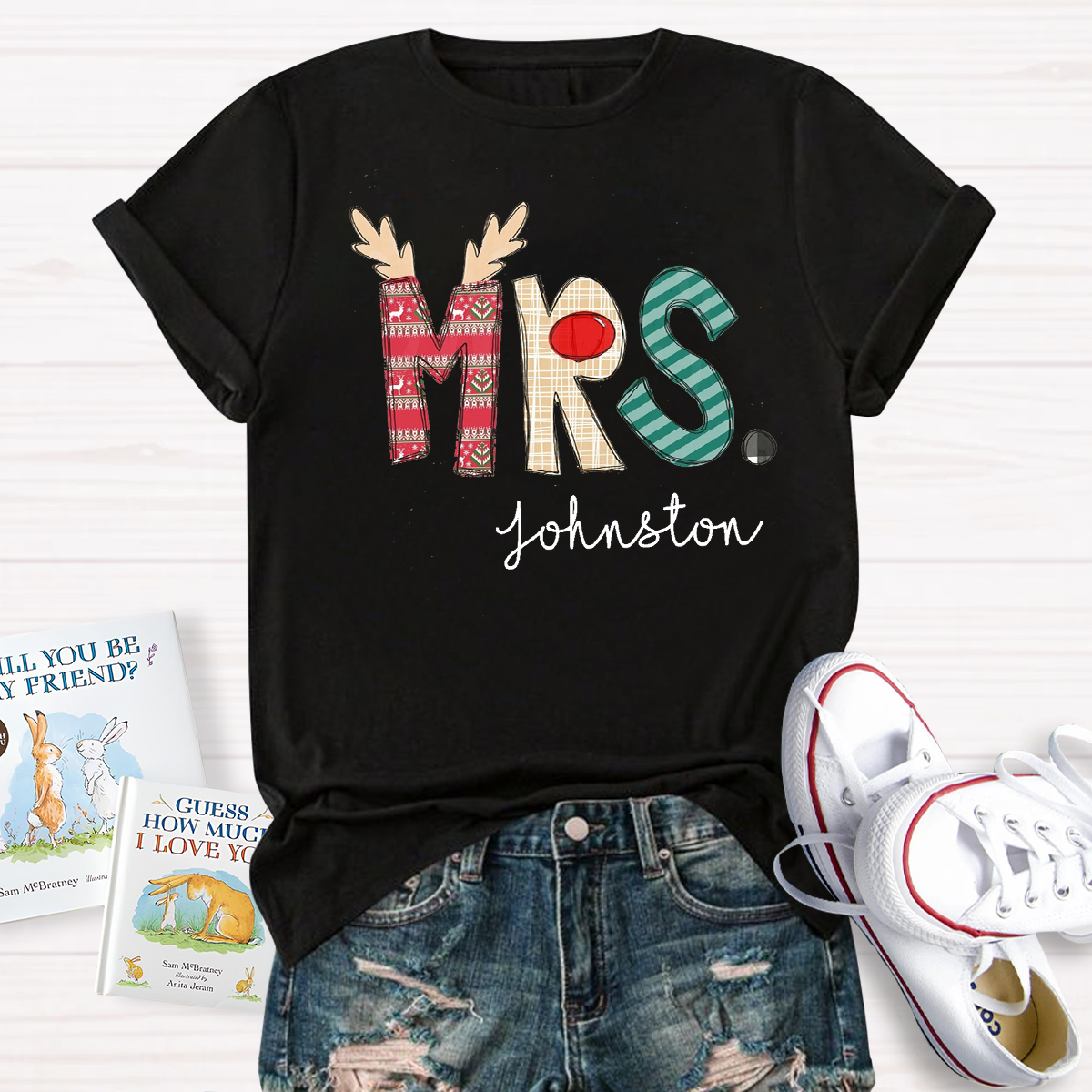 Personalized Christmas Classic Pattern Teacher Name Teacher T-Shirt