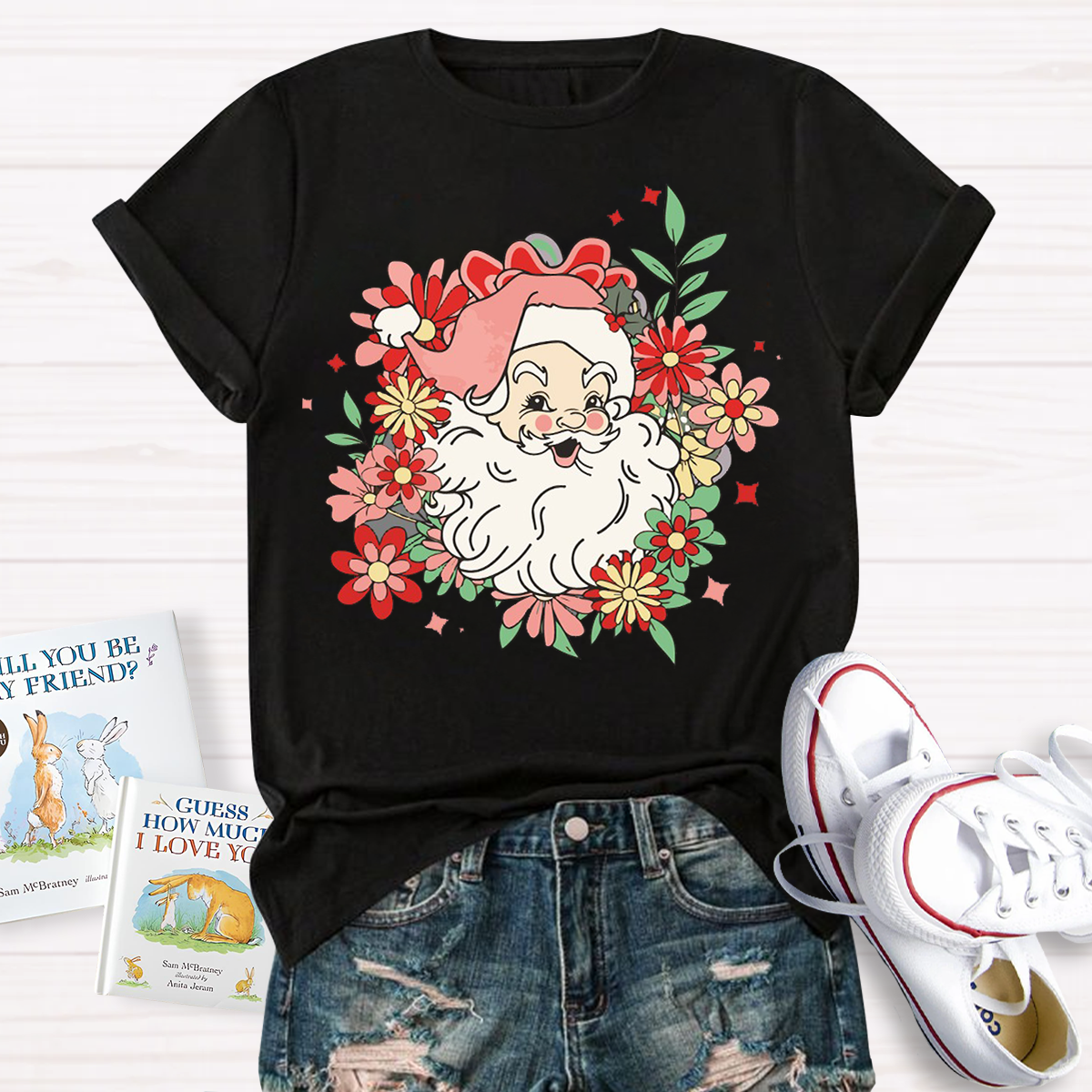 Flower Design Santa Christmas Teacher T-Shirt