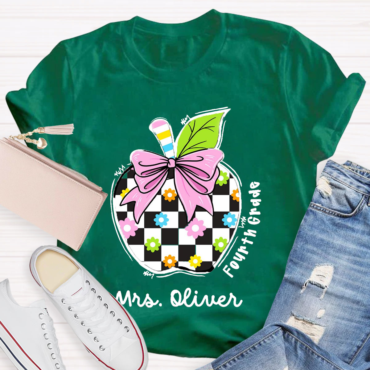 Personalized Grade And Name Colourful Check Print Apple T-Shirt