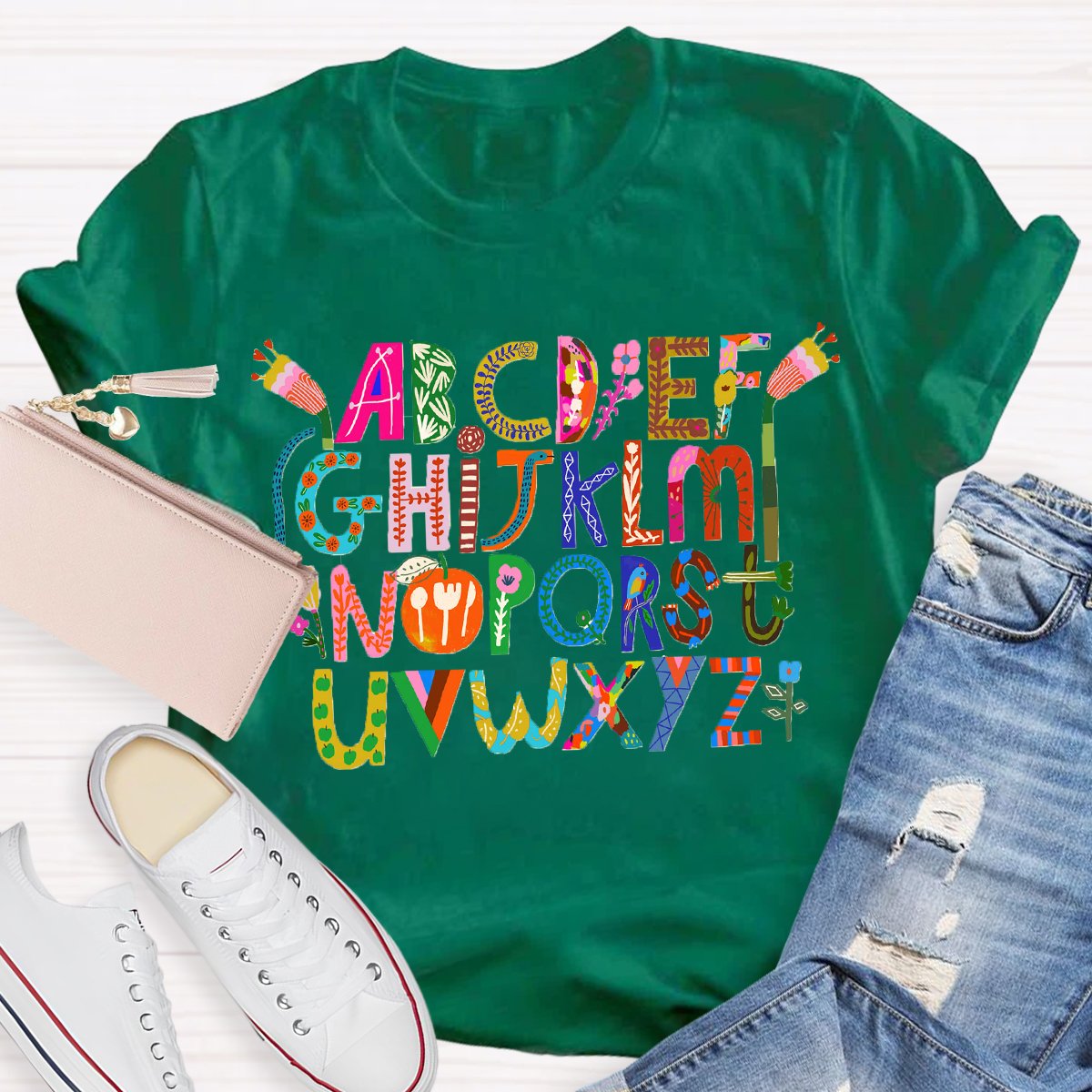 Artistic Design Cute Alphabet Print Teacher T-Shirt