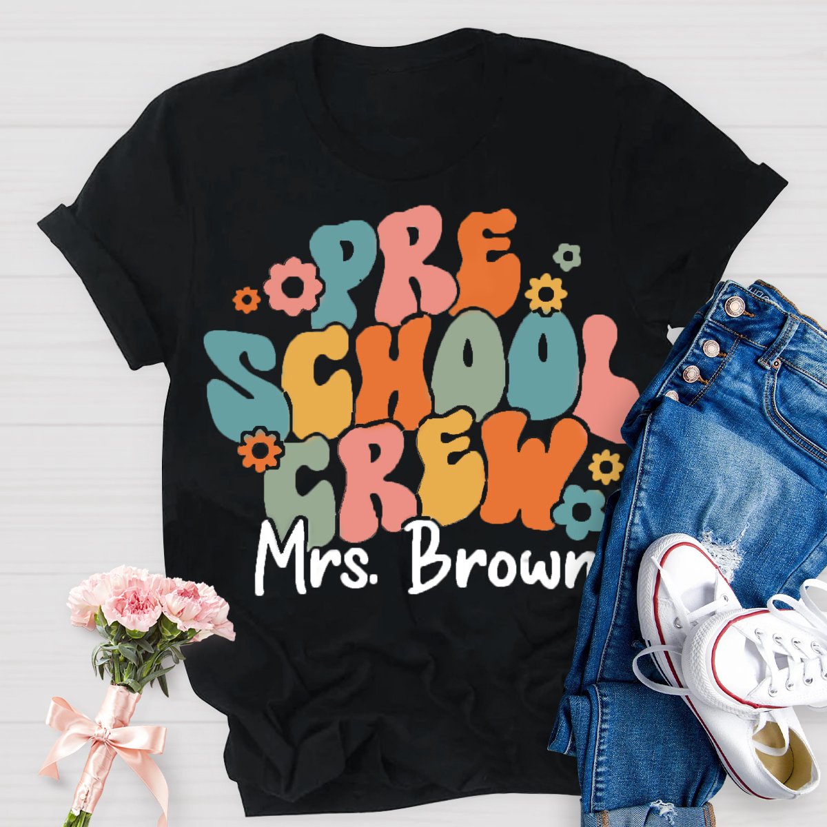 Personalized Name Preschool Teacher Crew T-Shirt