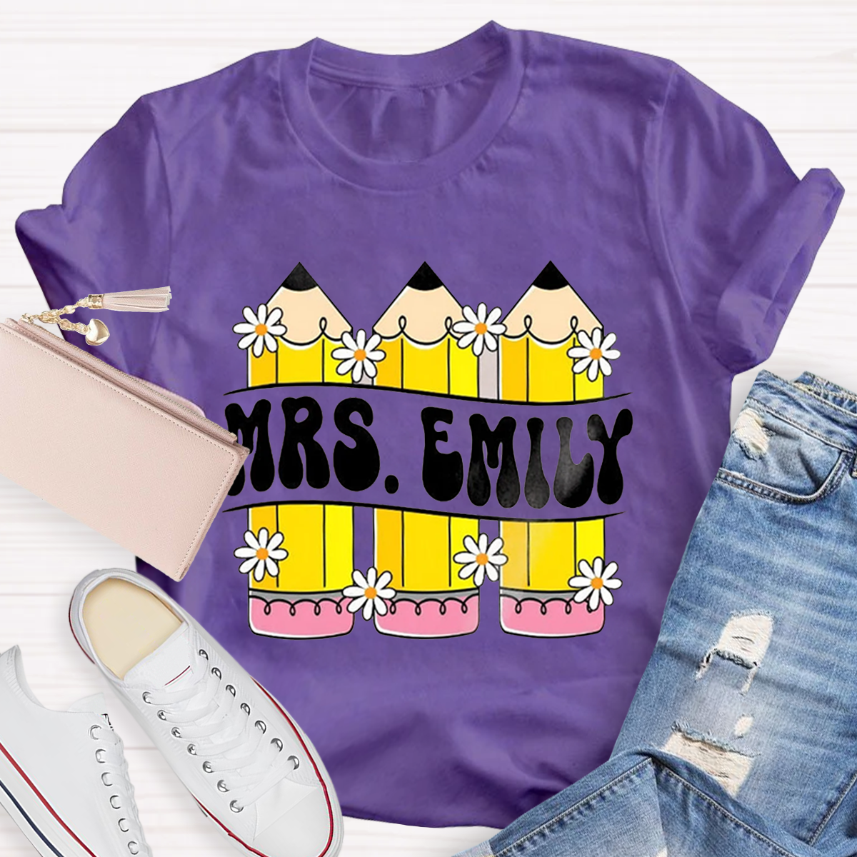 Personalized Your name Retro Teacher Pencil T-Shirt