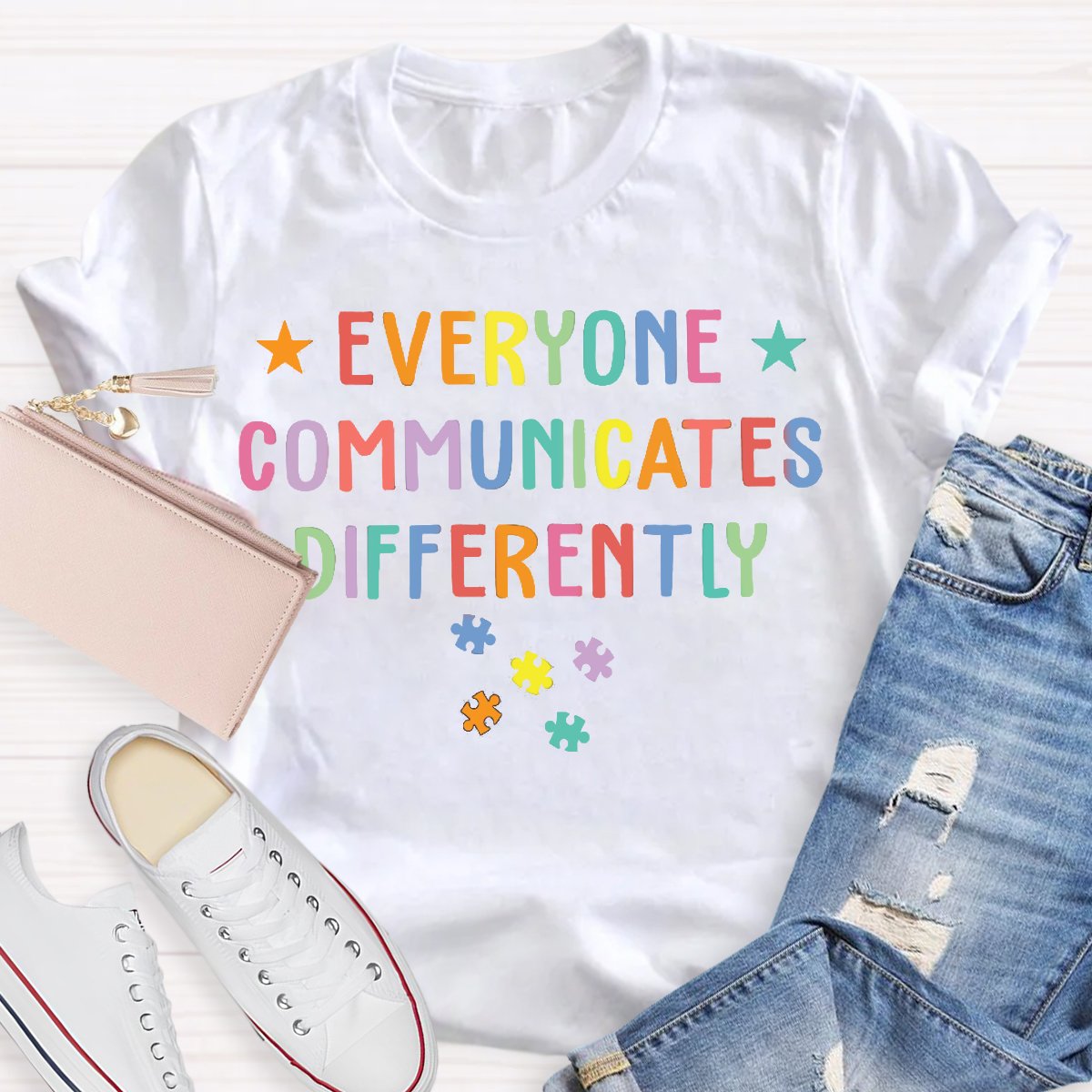 Everyone Communicates Differently Colored Puzzle Special Education Teacher T-Shirt