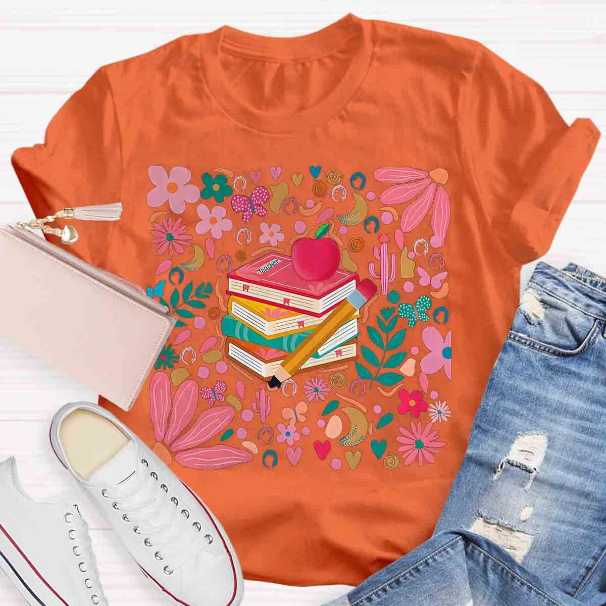 Pink School Teacher Floral T-Shirt