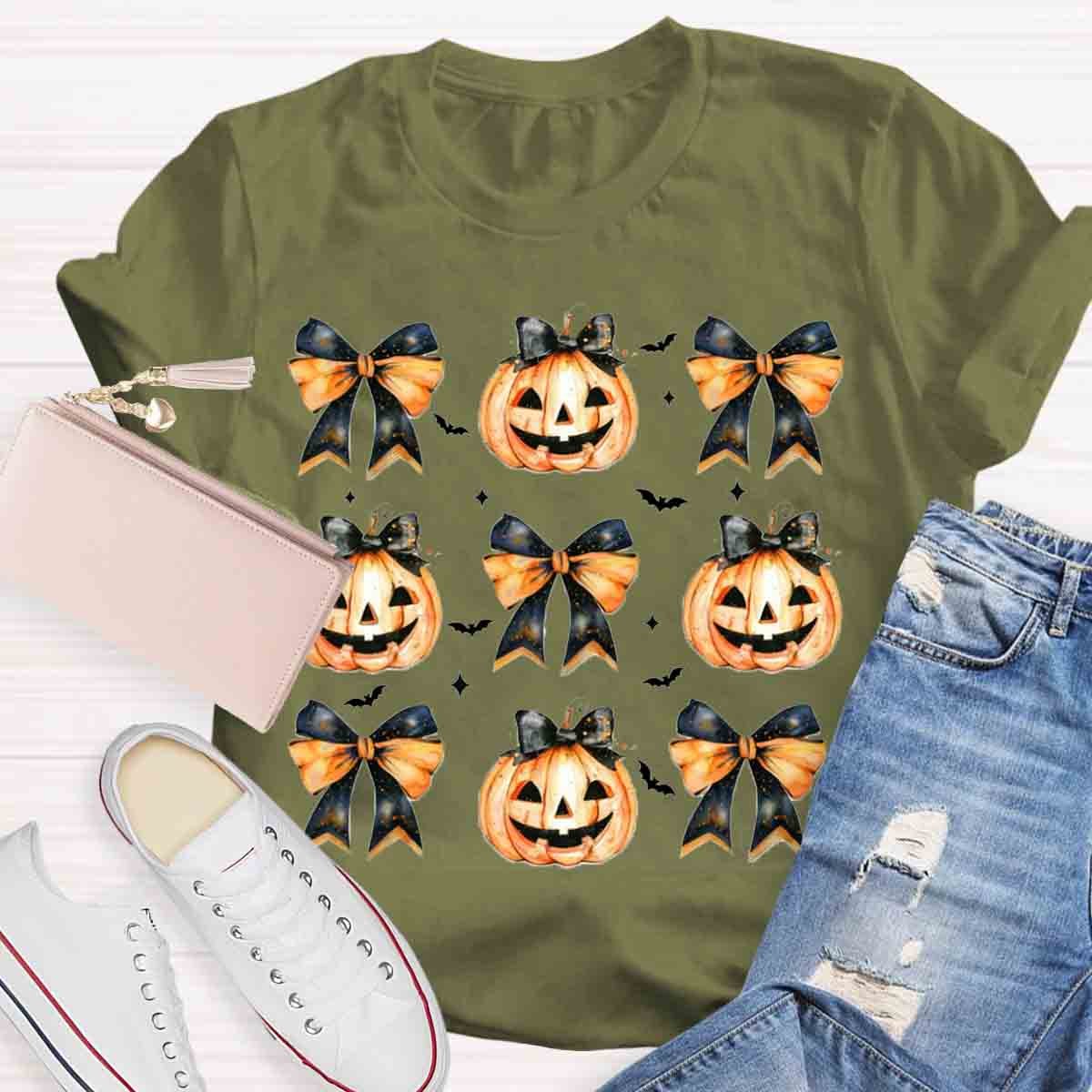 Fall Vibes Pumpkin Bowknot Spooky Teacher T-Shirt