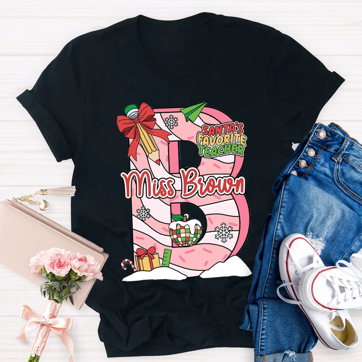 Personalized Name Santa's Favorite Teacher T-Shirt