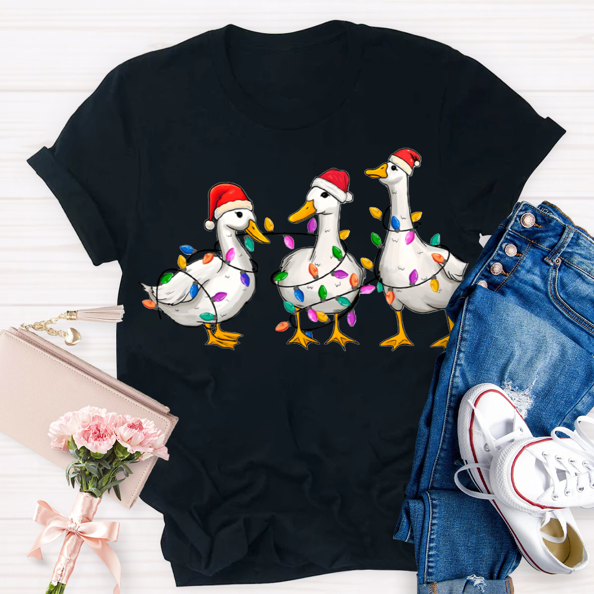 Christmas Ducks With Colorful Lights Teacher T-Shirt