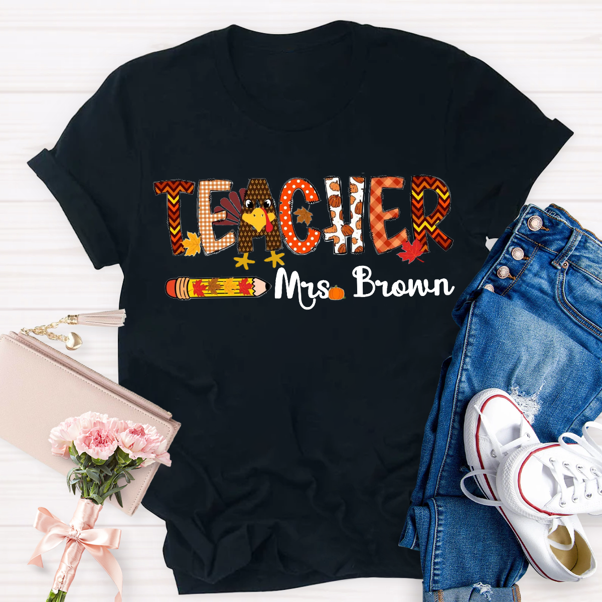 Personalized Name Thanksgiving Teacher T-Shirt