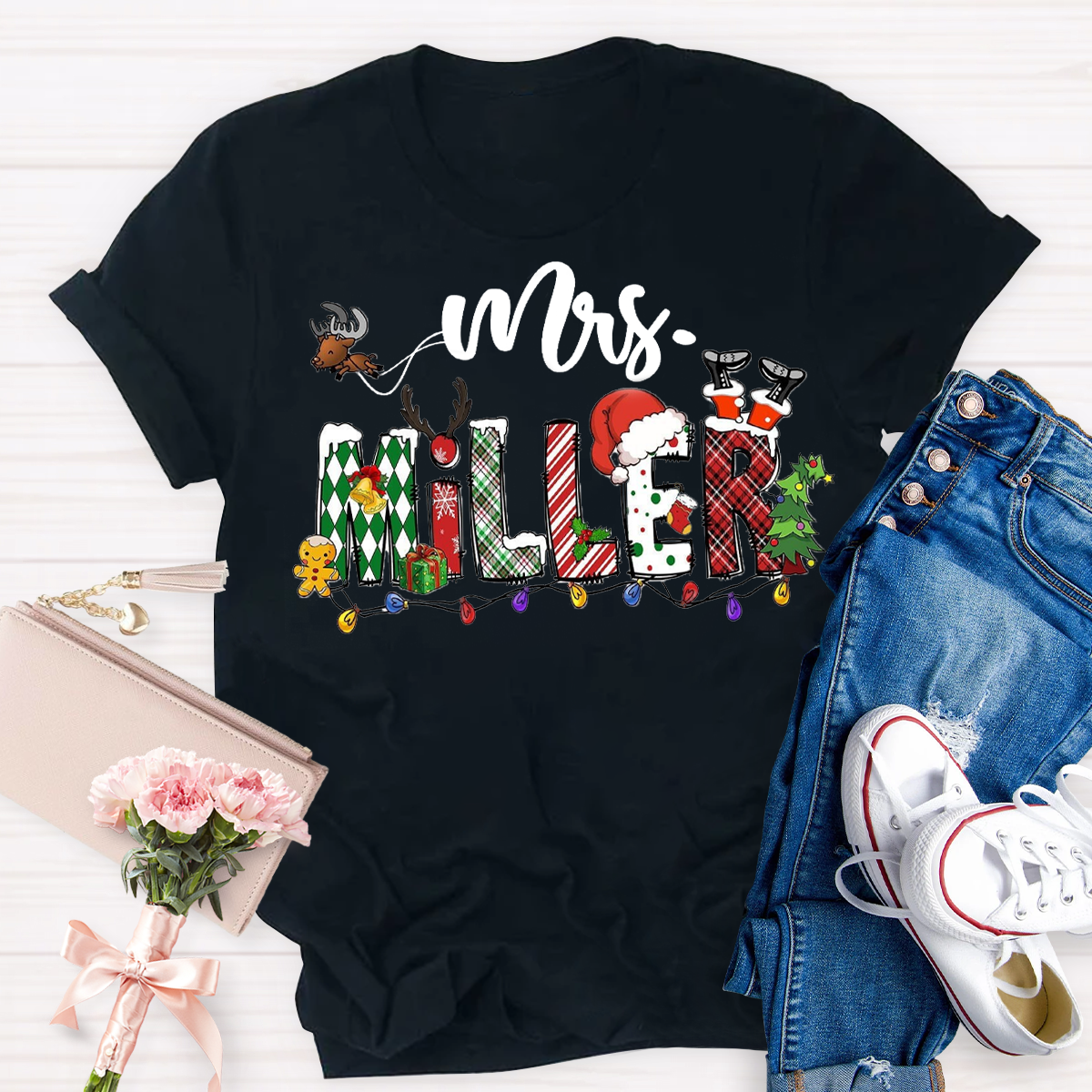 Personalized Name Santa Hat and Eelk Teacher T-Shirt