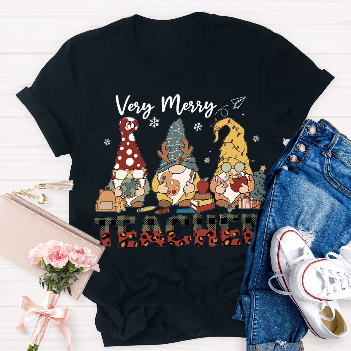 Very Merry Teacher Christmas Gnomes T-Shirt