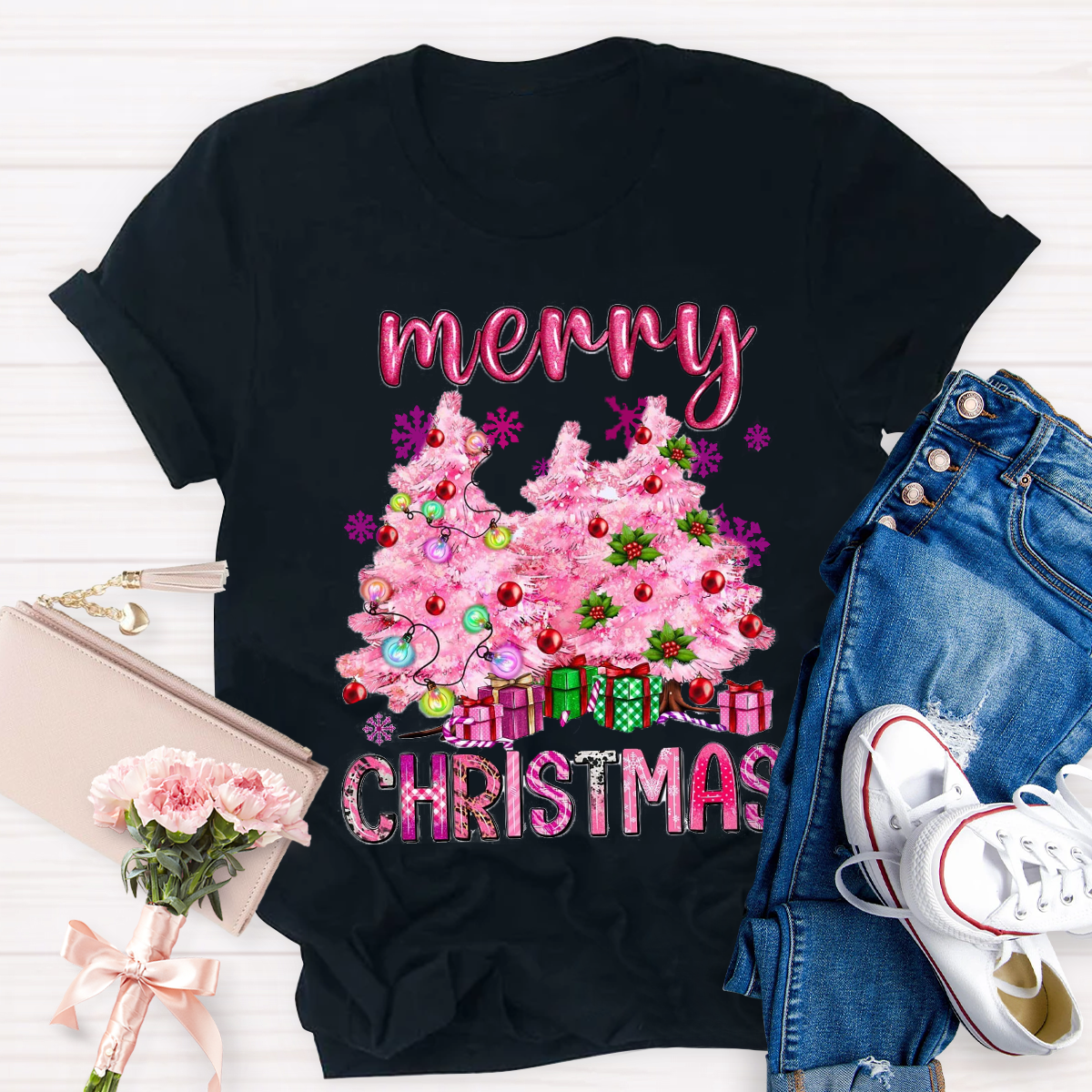 Pink Tree Christmas Teacher T-Shirt