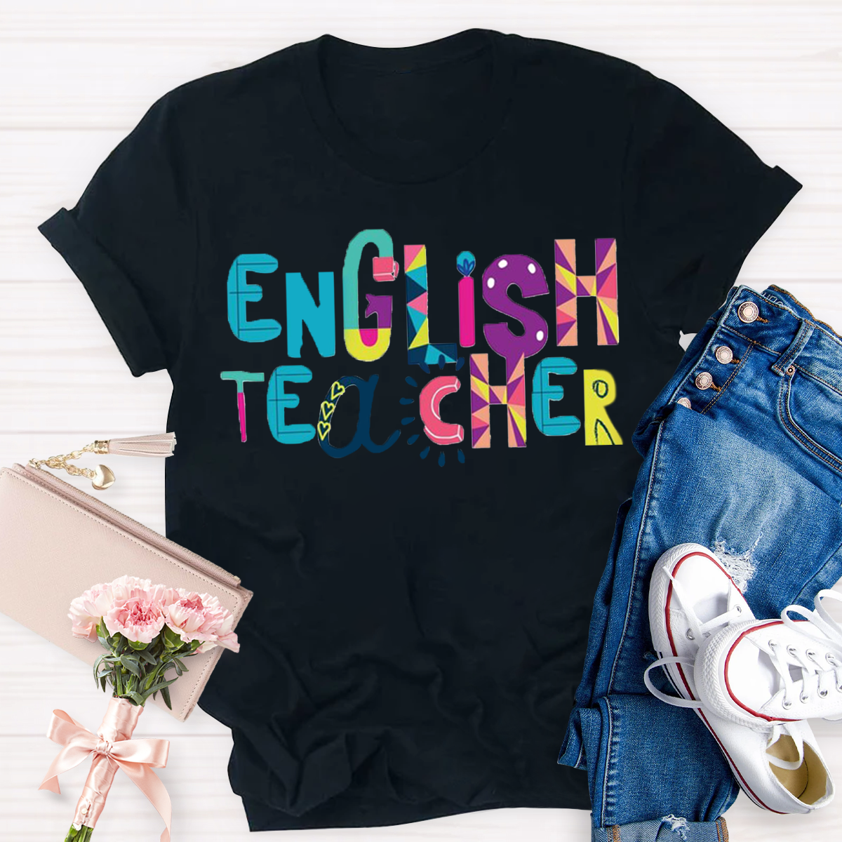 Artistic Color Block Design English Teacher T-Shirt