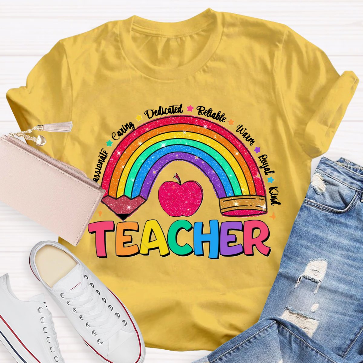 Glitter Teacher Rainbow Pencil Back To School T-Shirt