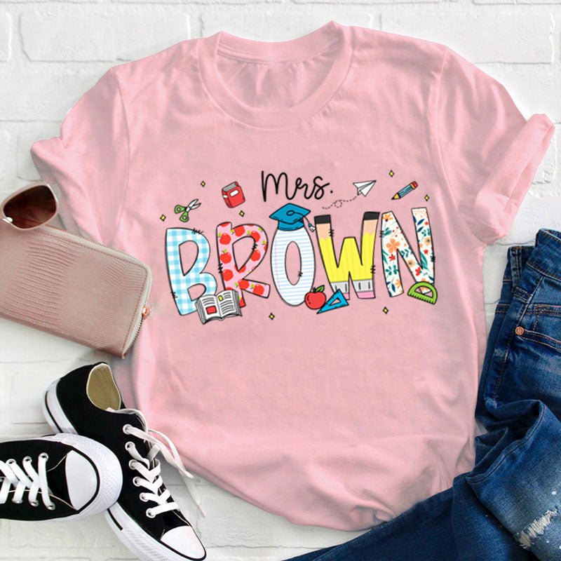 Personalized Name Cartoon Stationery Teacher T-Shirt