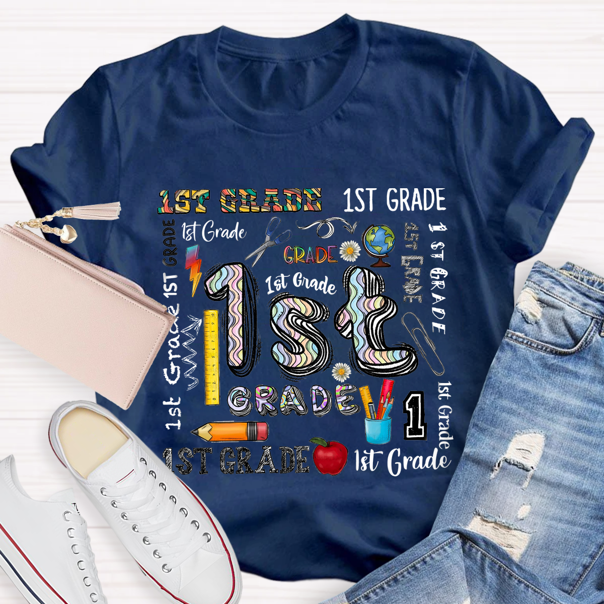 Personalized Grade School Supplies Icons Teacher T-Shirt