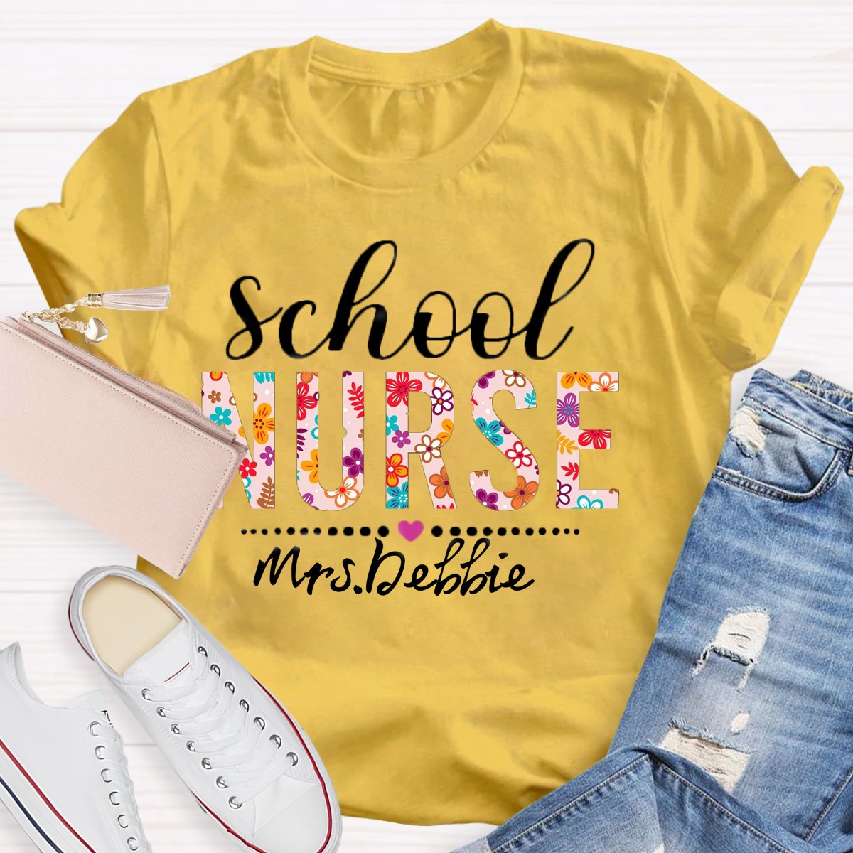 Personalized School Nurse Name Floral T-shirt