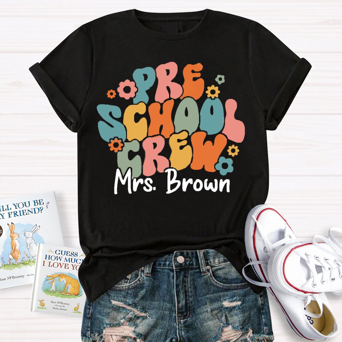 Personalized Name Preschool Teacher Crew T-Shirt