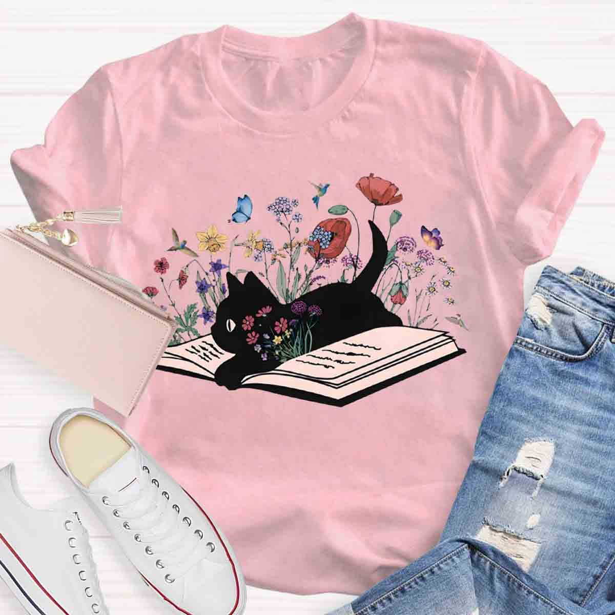 Cute Floral Book Cat T-Shirt